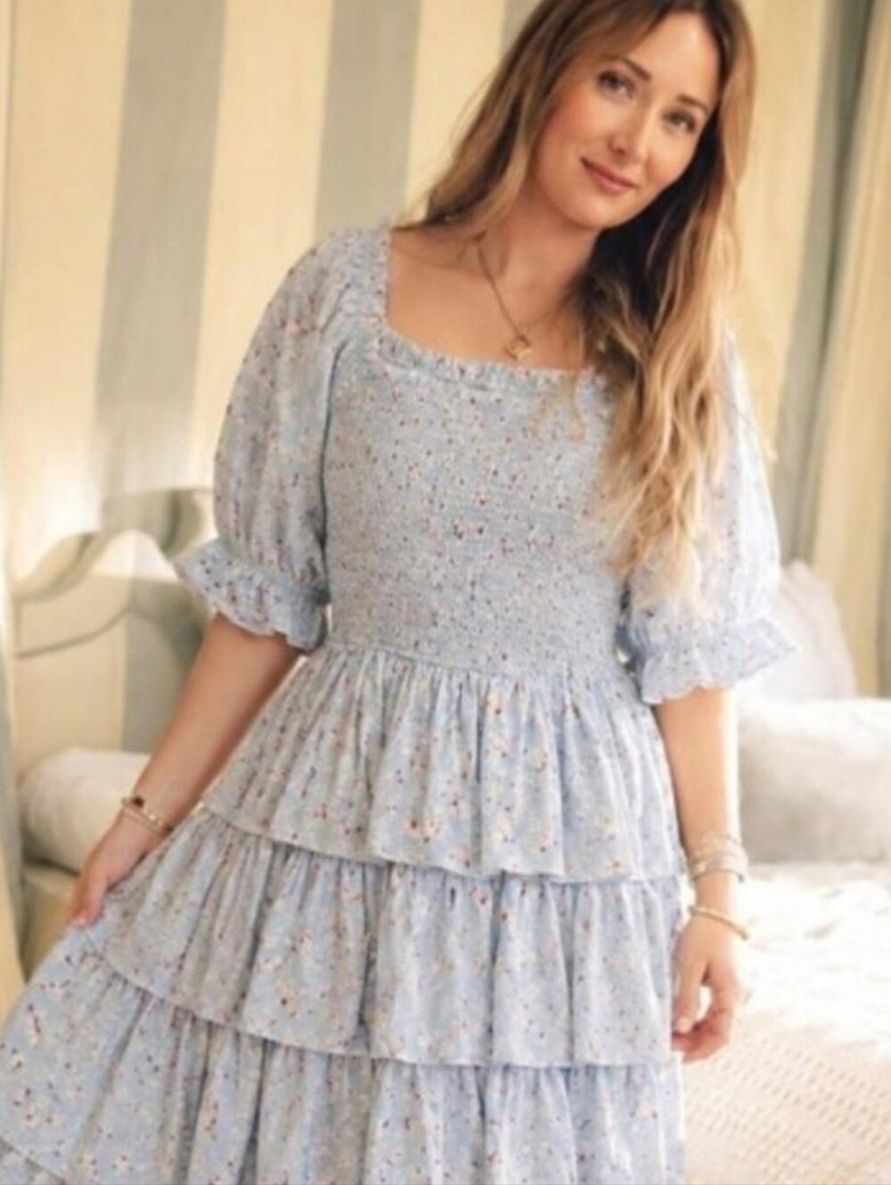 Ivy City Co Smocked Whimsical Tiered Midi Dress Embroidered Butterfly Fairy